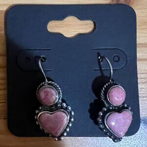 Sterling Silver 925 Rhodochrosite heart dangle Earrings Used Good Condition $100